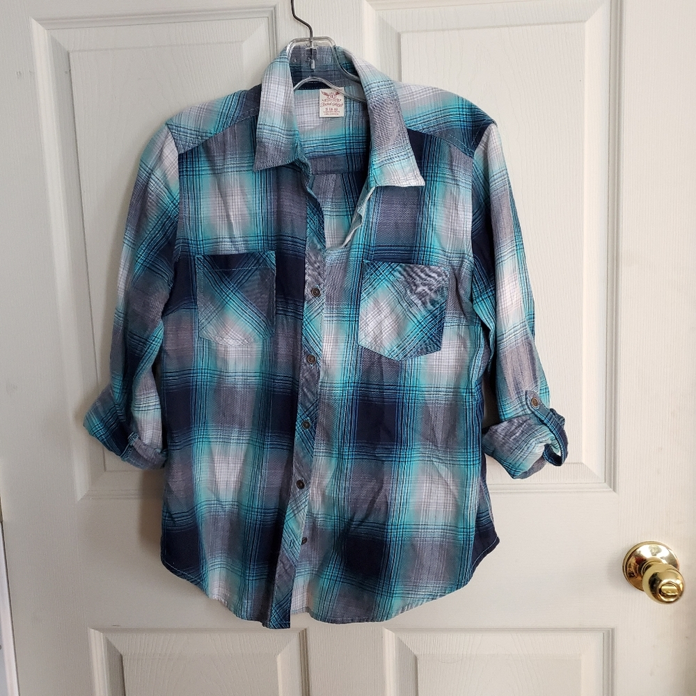 Faded Glory Navy Blue and Aqua Plaid Cotton Shirt.